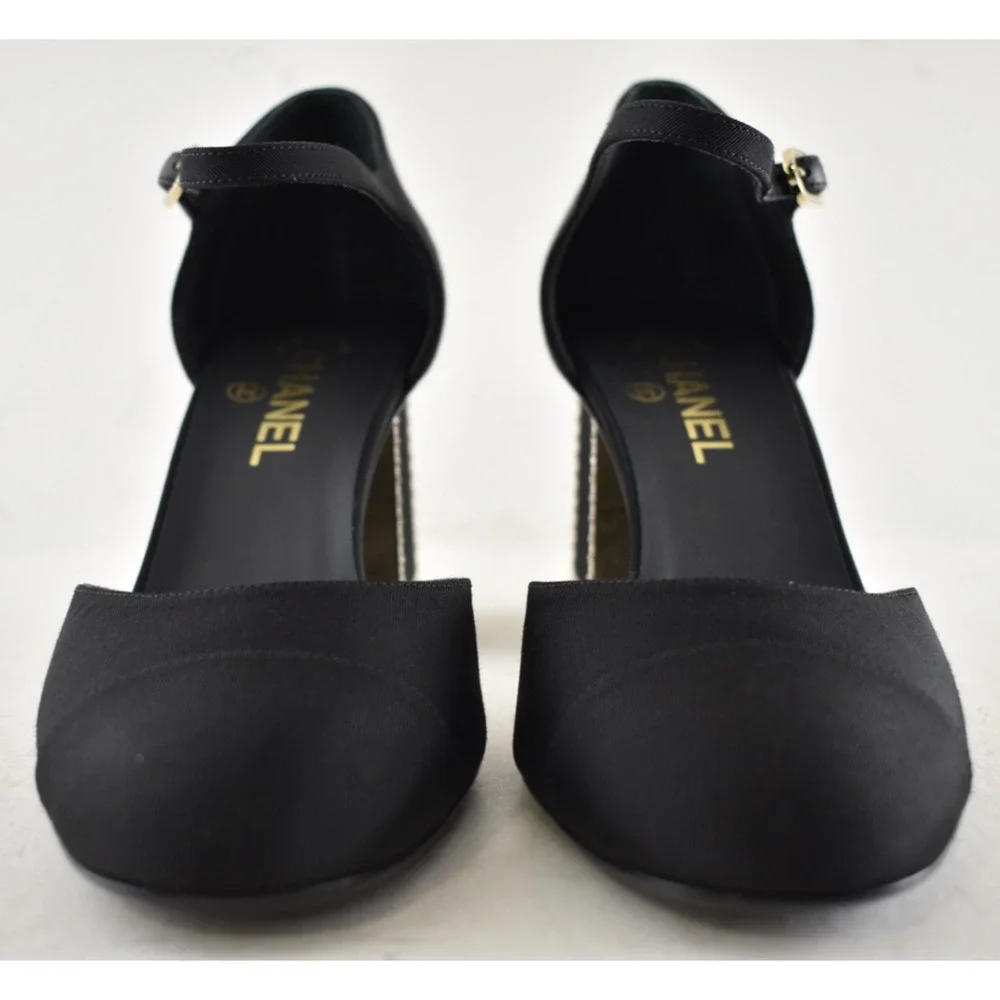 Chanel 24B Black Crystal CC Logo Gold Mary Jane Ankle Strap Block Heel Pumps 40 - Picture 10 of 16